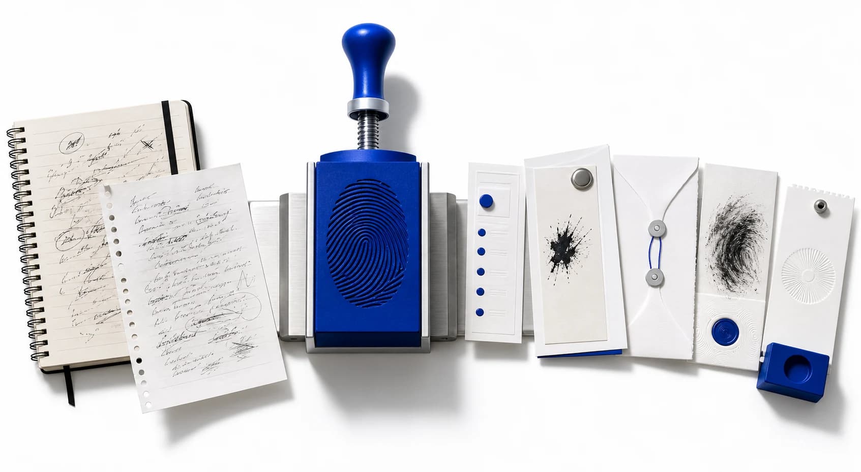 A source document passes through a fingerprint press and emerges as organized work